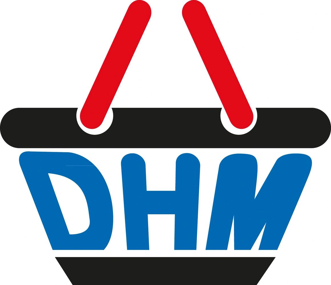 Logo of a shopping basket with the letters DHM in blue.
