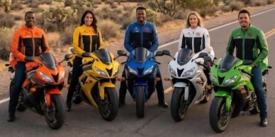 Five people in colorful motorcycle gear with matching sportbikes on a desert road.