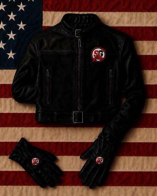 Black leather jacket and gloves with matching patches on an American flag backdrop.