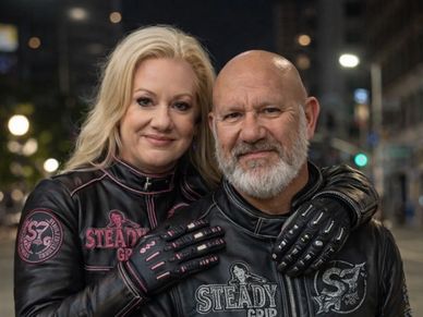 A couple in matching Steady Grip motorcycle jackets and gloves.