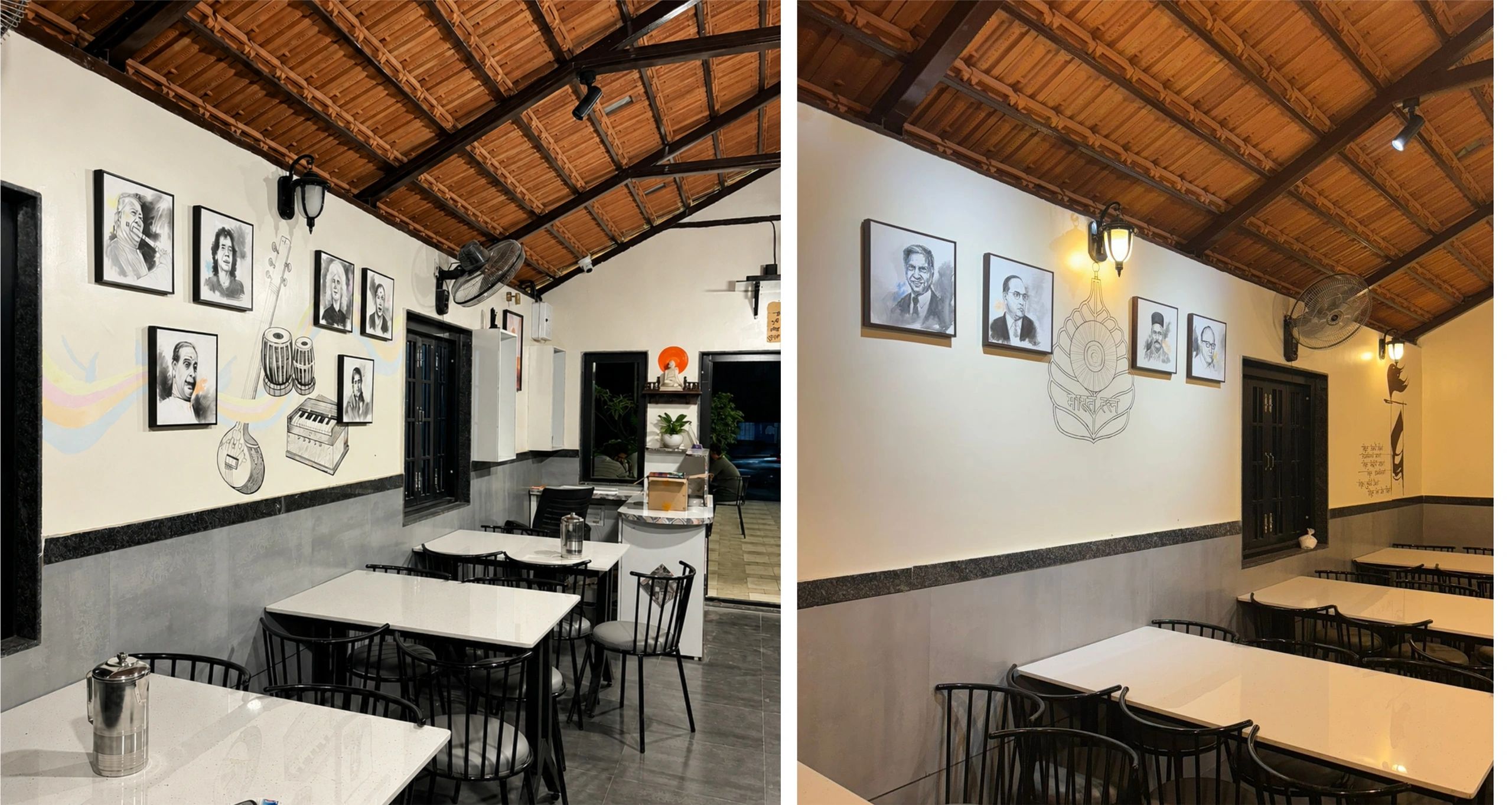 Cozy cafe interior with framed portraits and musical instrument murals on white walls under a wooden roof.