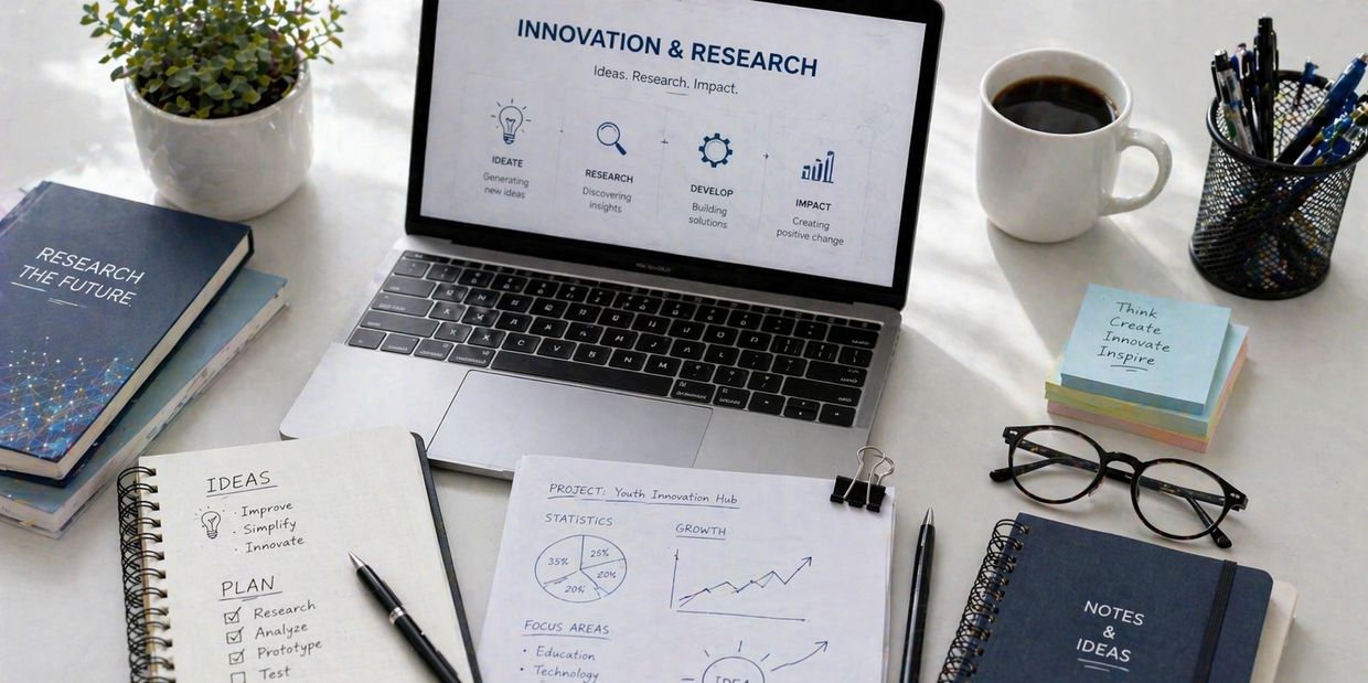 A workspace with a laptop, notebooks, coffee, and research notes focused on innovation.