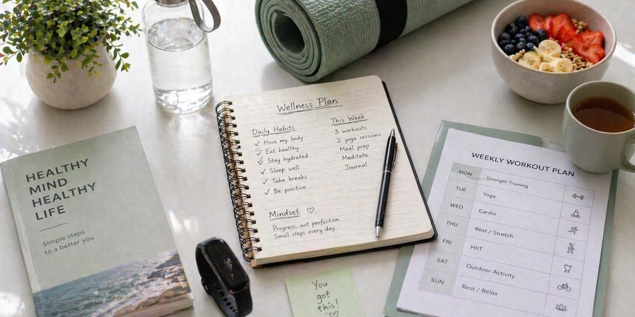 A wellness plan setup with a notebook, workout schedule, healthy breakfast, and motivational book.
