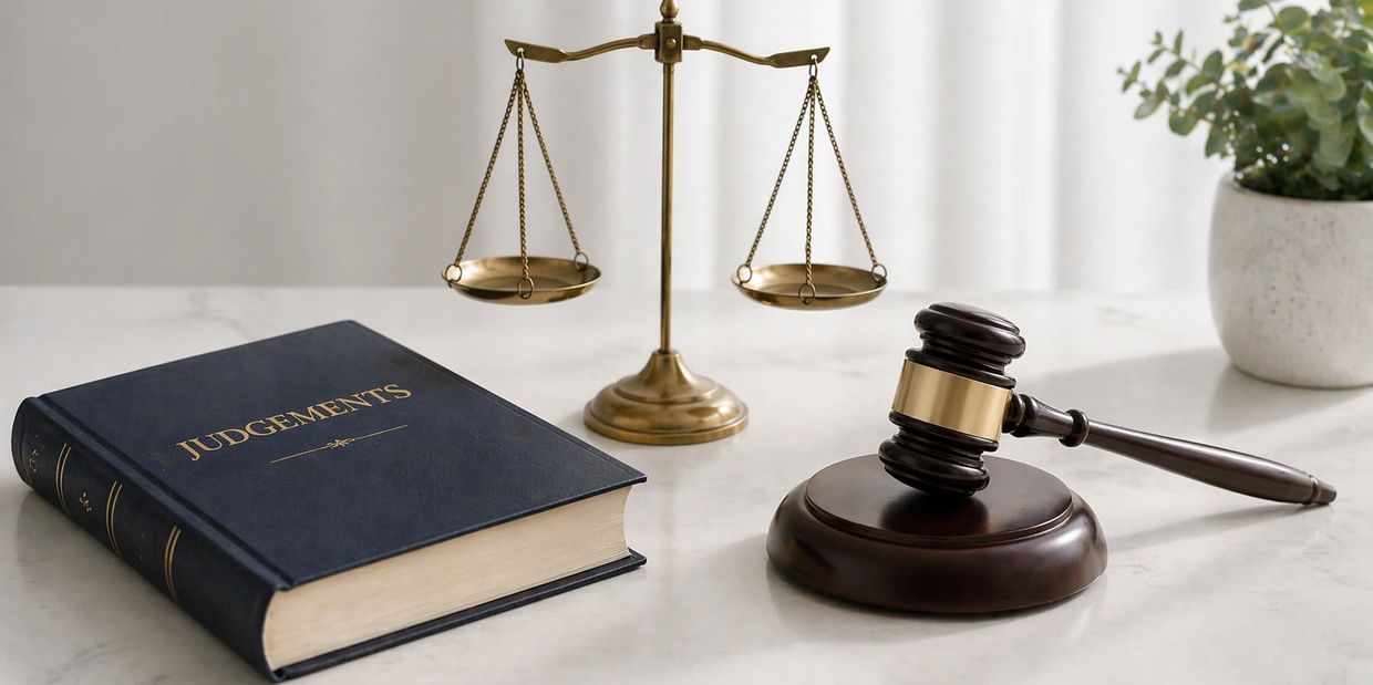 A judge's gavel, scales of justice, and a book titled 'Judgements' on a desk.