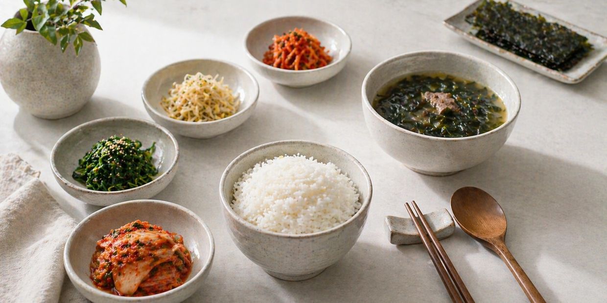 A traditional Korean meal with rice, kimchi, soup, and side dishes.