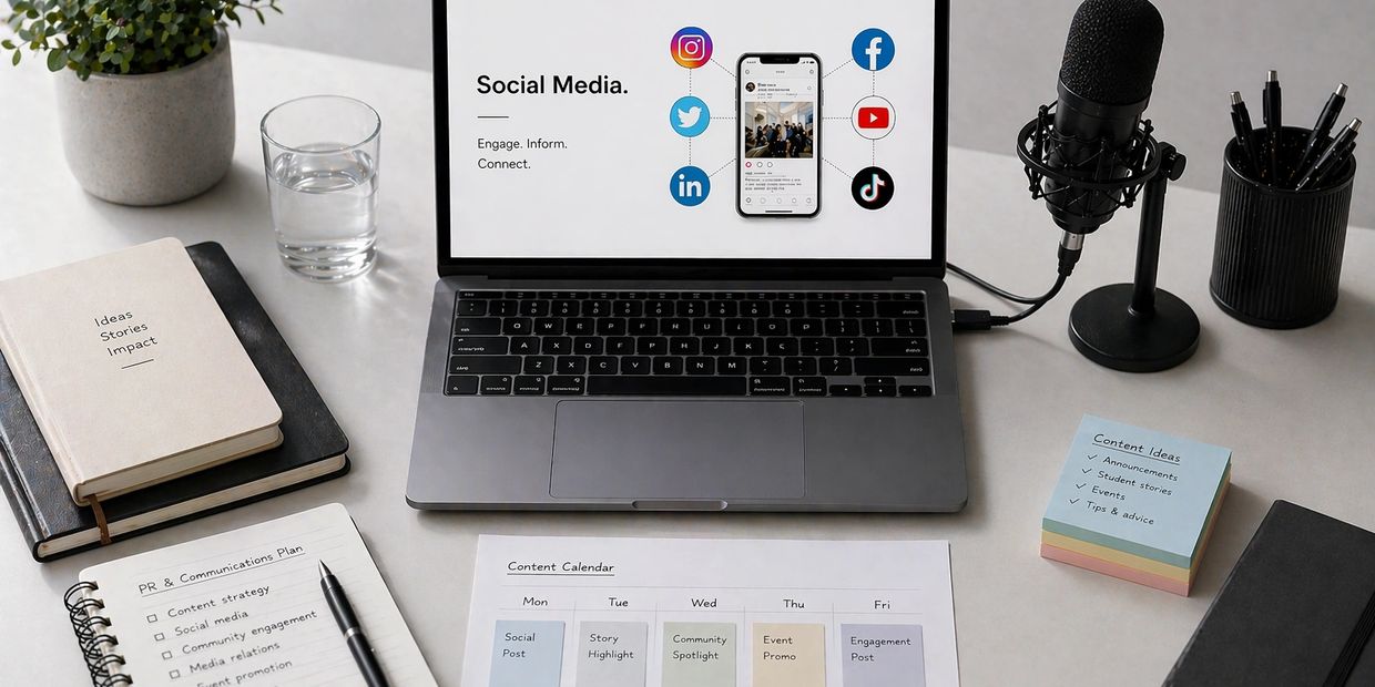 Workspace with laptop, microphone, notebooks, and social media planning documents.