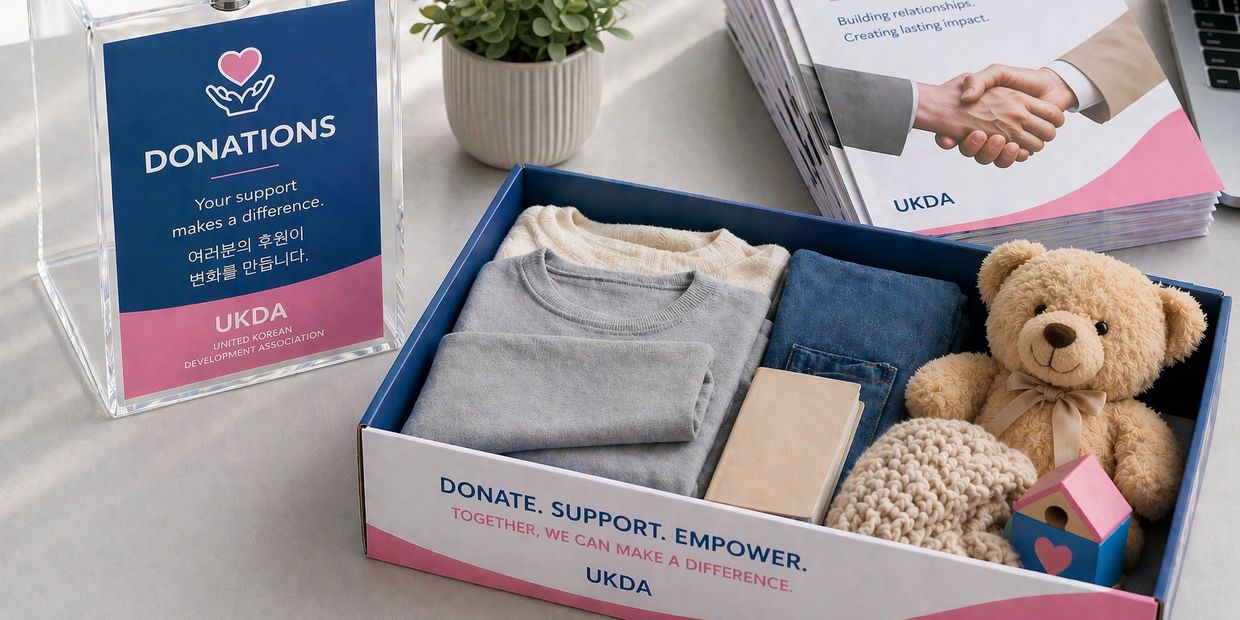 A donation box with clothes, a teddy bear, and a sign encouraging support for UKDA.