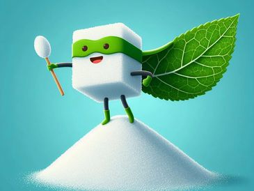 Sugar cube superhero with a mint cape on a sugar pile.