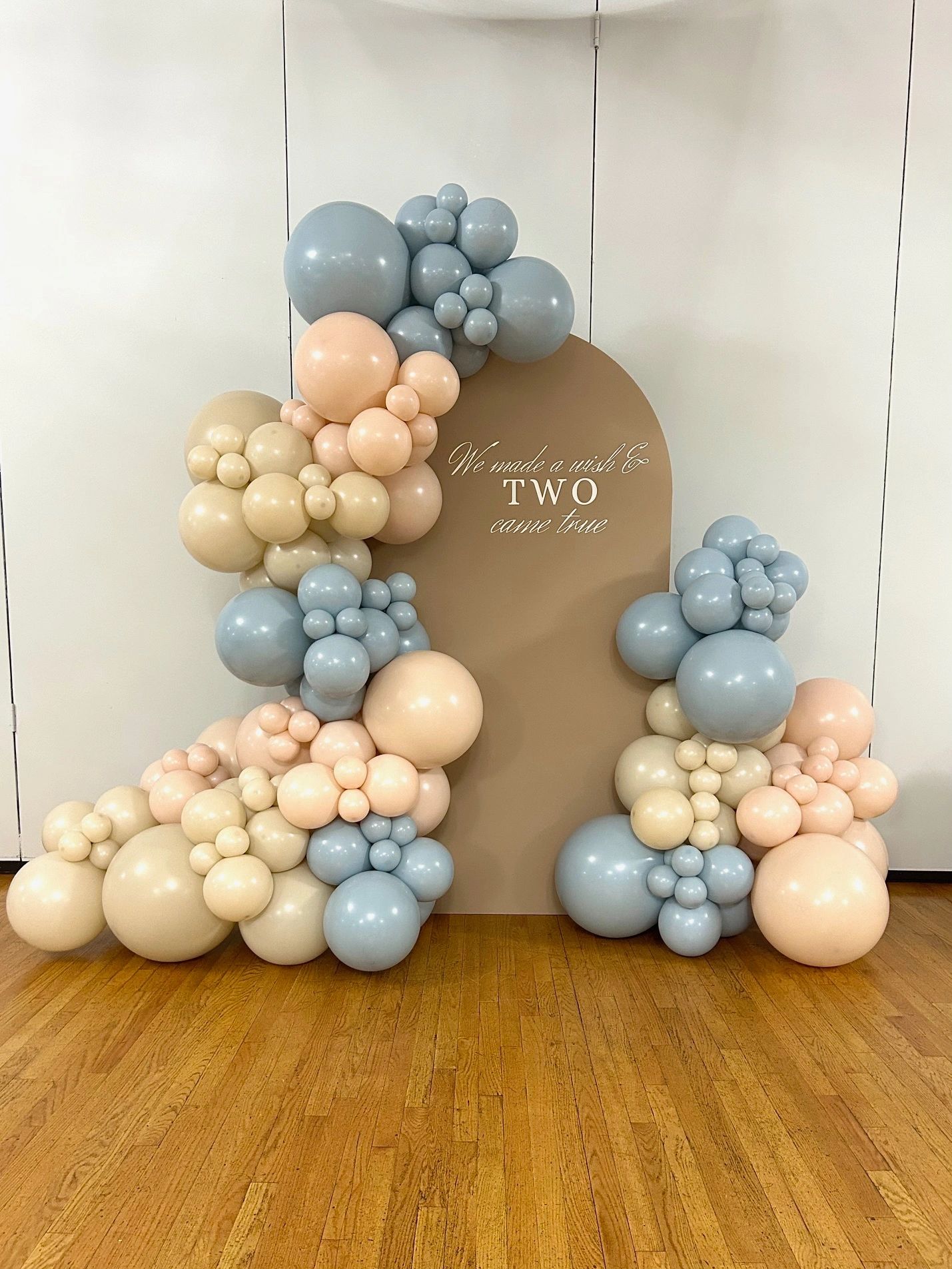 A pastel balloon arch with a sign reading "We made a wish &amp; TWO came true."