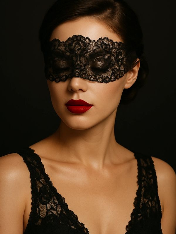Woman with red lipstick wearing a black lace eye mask and dress.