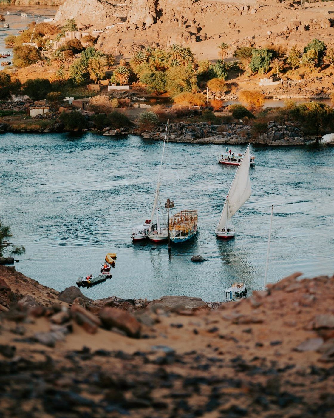 Feluccas on the Nile at Aswan at sunset