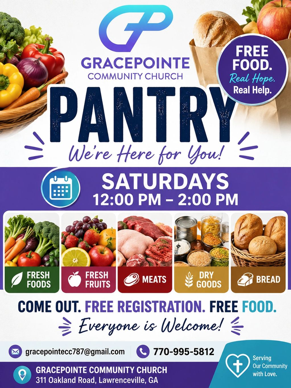 Gracepointe Church free food pantry on Saturdays.