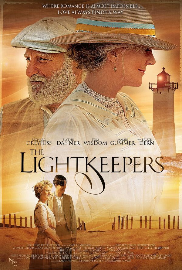 Romantic drama poster featuring elderly couple and lighthouse at sunset.