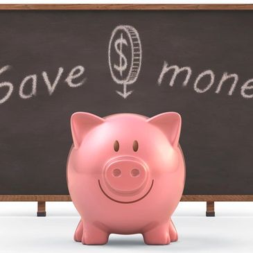 Piggy bank in front of a chalkboard with 'Save Money' written on it, highlighting cost-effective moving solutions.
