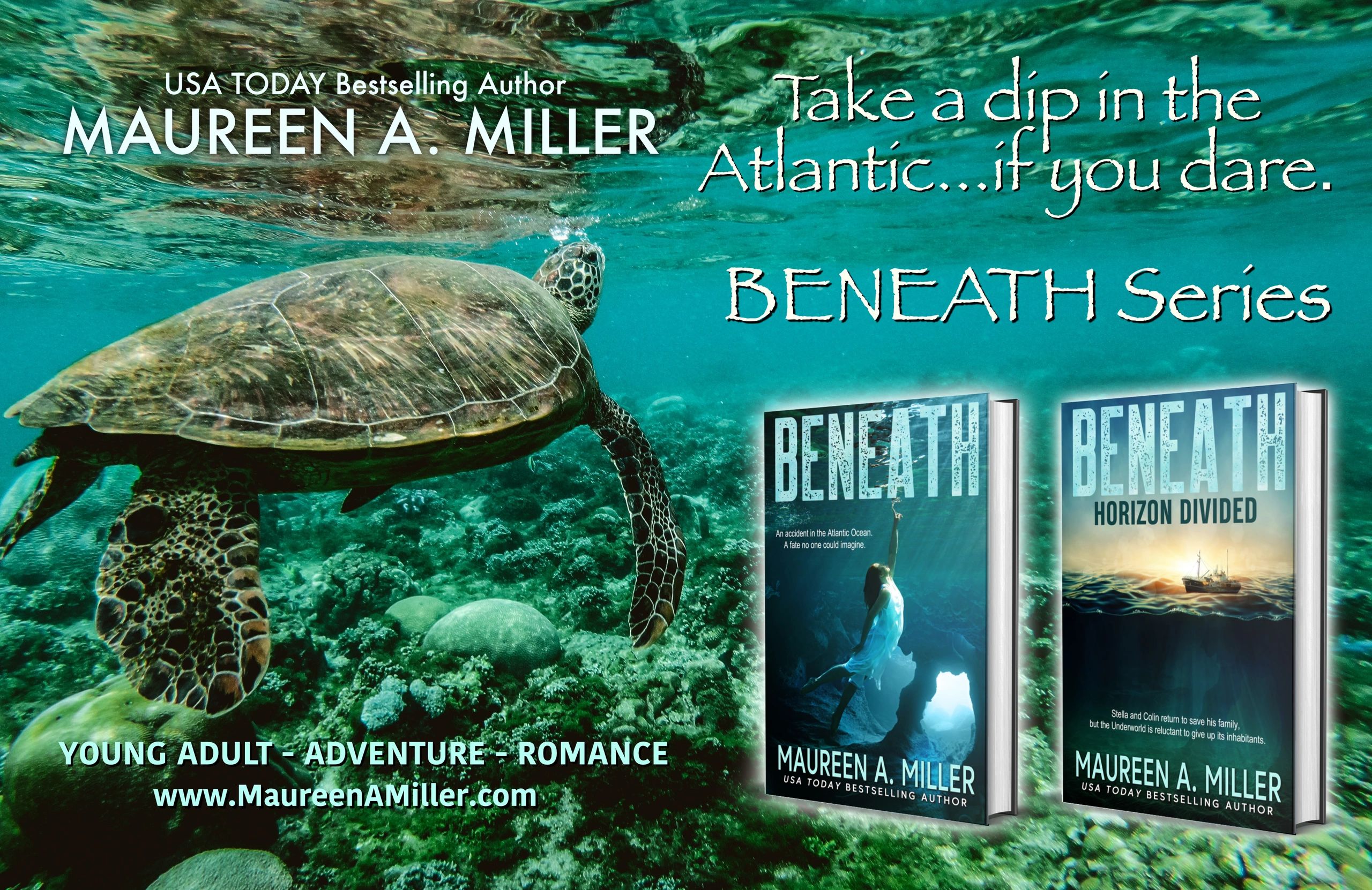 BENEATH series book covers from Maureen A. Miller. Sea turtle in the ocean. 