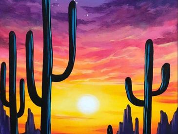 Oil painting of cactus plants with sunset