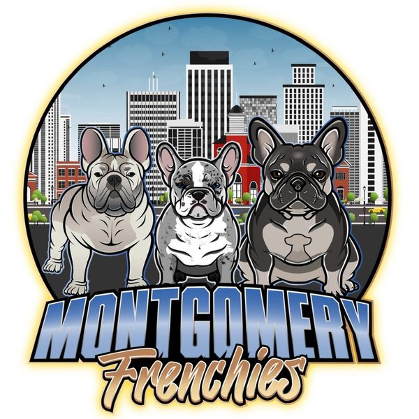 Logo featuring three French Bulldogs with a city skyline and the text 'Montgomery Frenchies'.