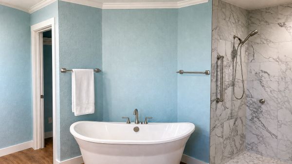 Freestanding soaker tub and walk-in shower with marble-look tile surround in a remodeled bathroom
