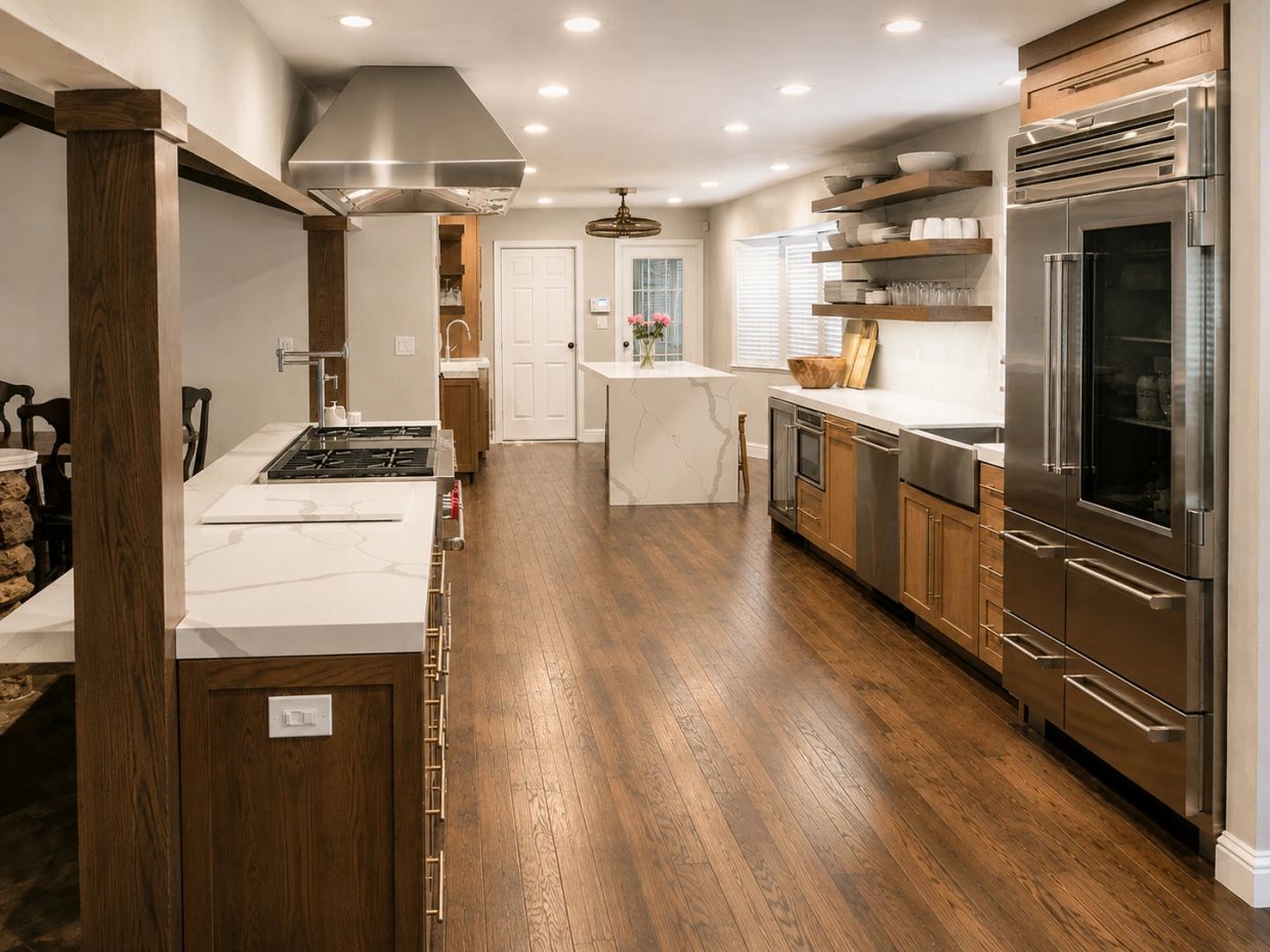 Modern kitchen remodel with wood cabinets, quartz countertops, stainless steel appliances, open shel