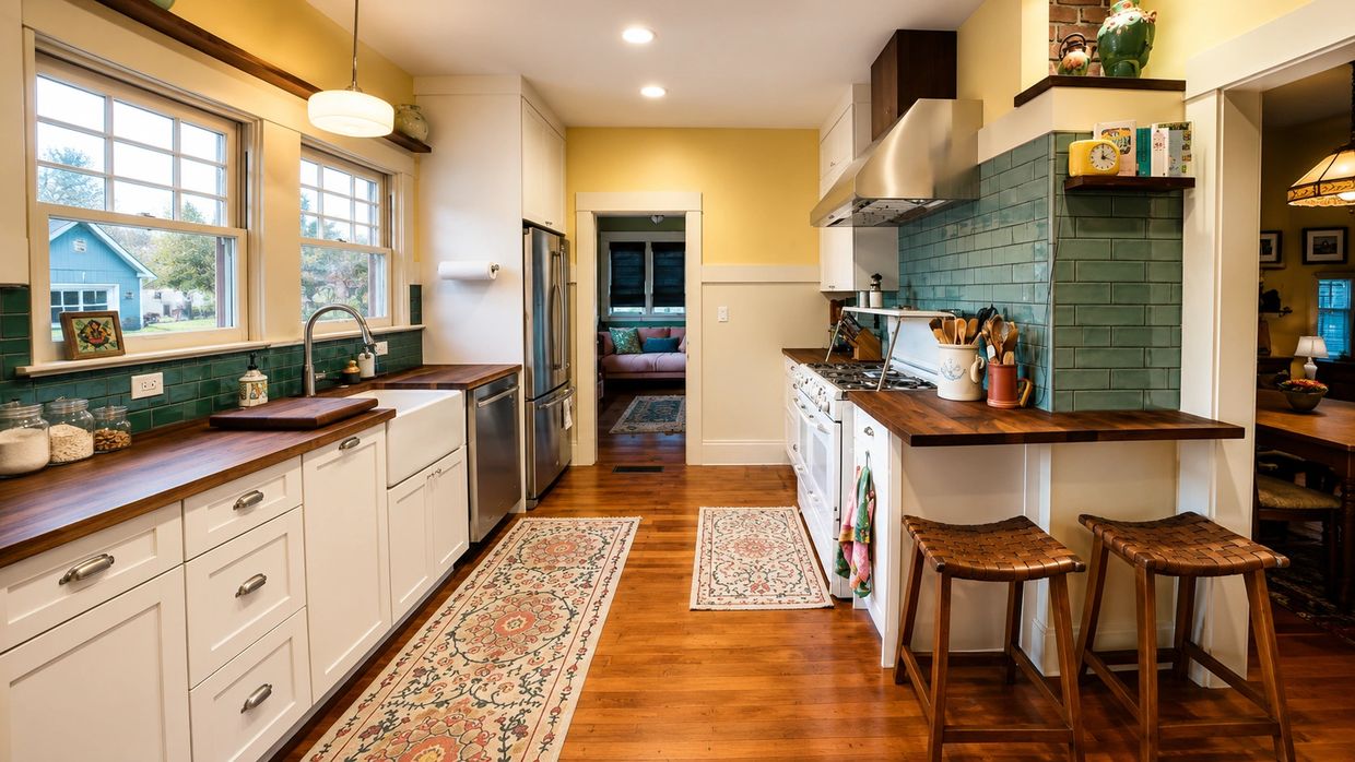 Galley kitchen renovation with handcrafted green tile, walnut countertops, a restored vintage stove,