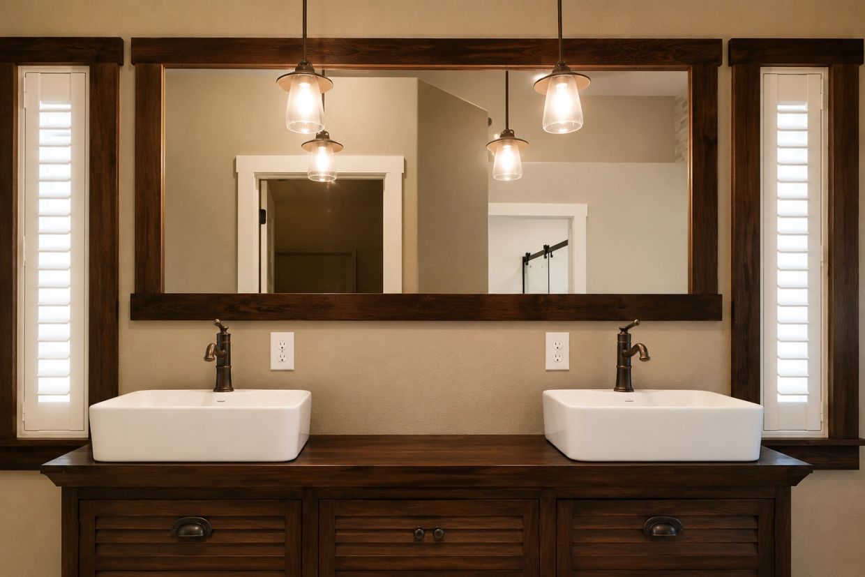 Modern double sink bathroom vanity with wood finishes.