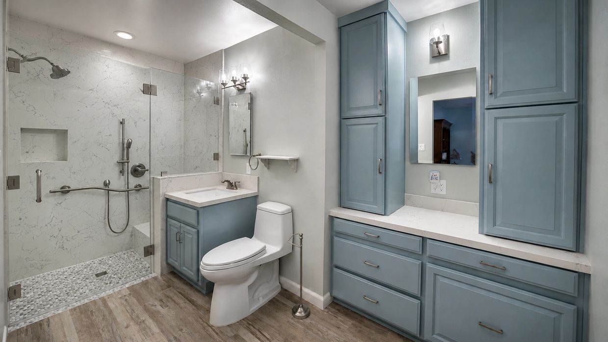 Modern bathroom with blue cabinetry and glass shower.