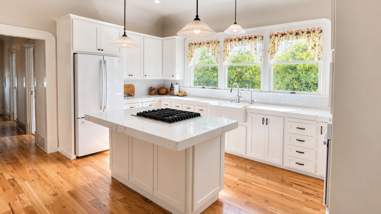 Finished CCR kitchen remodel with white cabinetry, island cooktop, farmhouse sink, decorative tile b