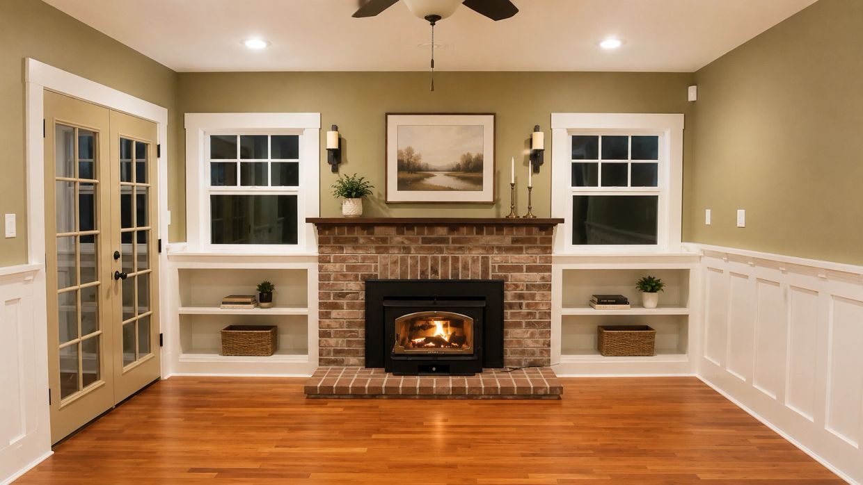 Living room with brick fireplace, built-in shelves, white trim, and hardwood floors after remodeling