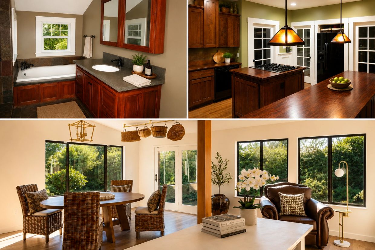 Cozy home interiors with wooden furniture and large windows.