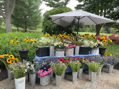 Outdoor flower stand with various colorful flowers under an umbrella.