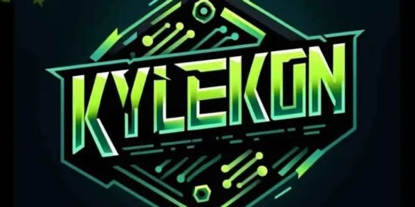 Bold "KyleKon" logo featuring dynamic letters, drywall texture