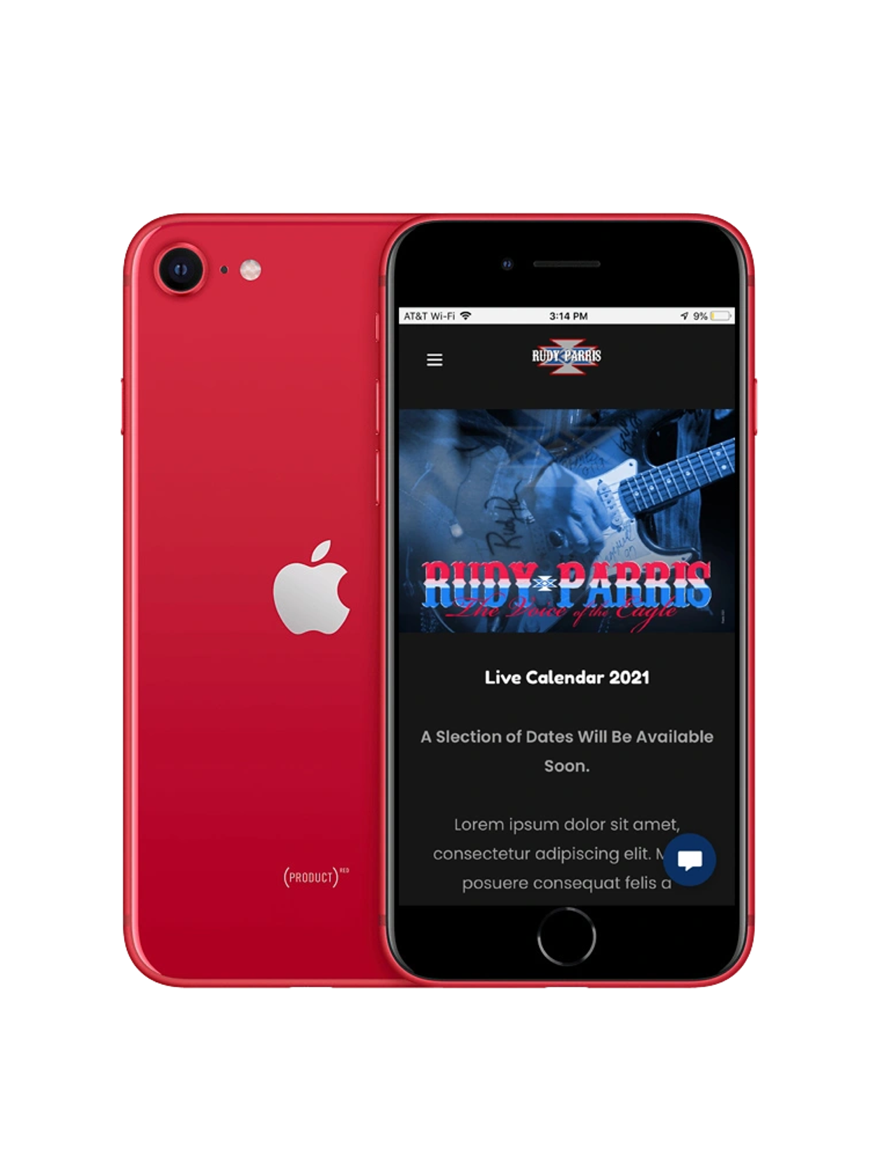 Red iPhone displaying a music event webpage.