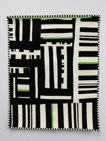 Bar Code Chaos. 
Art Quilt embellished with green zippers, machine quilted.
Measures 20.5" x 25".