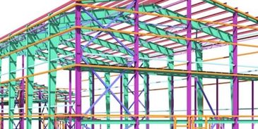 3D model of a multicolored building frame structure.