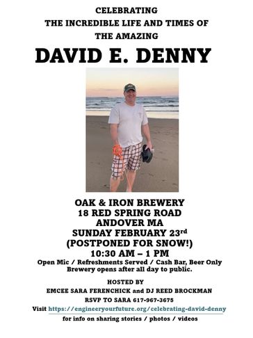 Memorial celebration flyer for David E. Denny at Oak &amp; Iron Brewery.