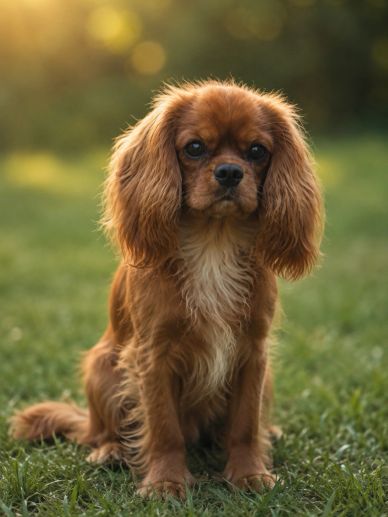 Small brown dog sitting on grass.