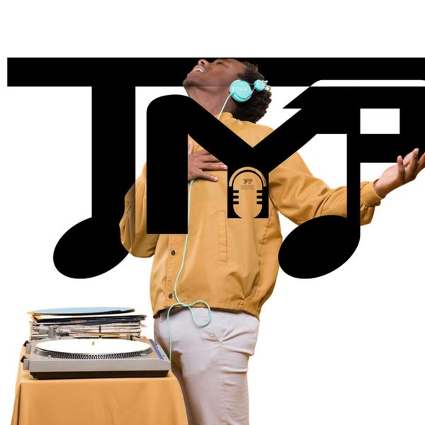 Person enjoying music with headphones near a turntable and large music notes graphic.