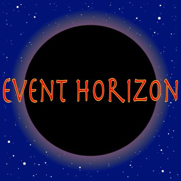 Graphic of a black circle with 'EVENT HORIZON' text against a starry background.