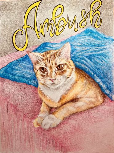 Cat, kitty, pussy, Ambush, pussy cat, colored pencil, Gelly Roll, art, hand crafted