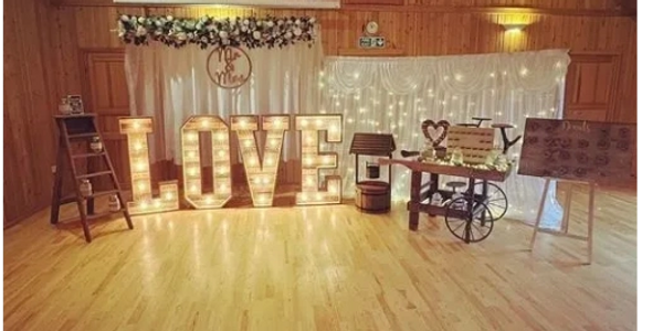 Rustic wedding hire package, rustic 4 ft light up love letters, rustic sweet cart, backdrop 