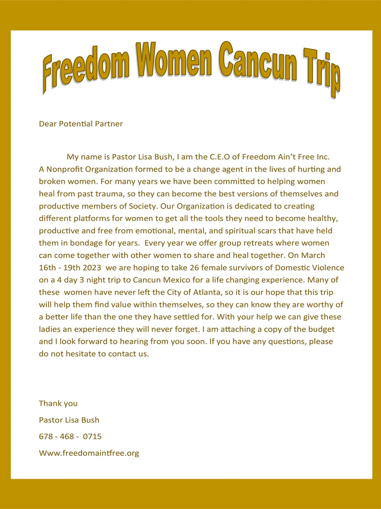 Letter from Pastor Lisa Bush inviting support for a women’s healing trip to Cancun.