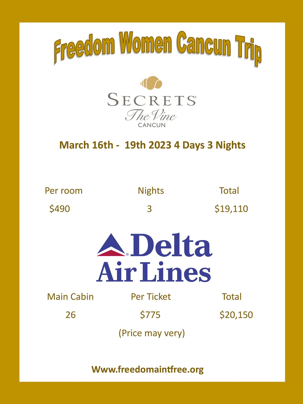 Freedom Women Cancun Trip details with hotel and flight costs for March 2023.