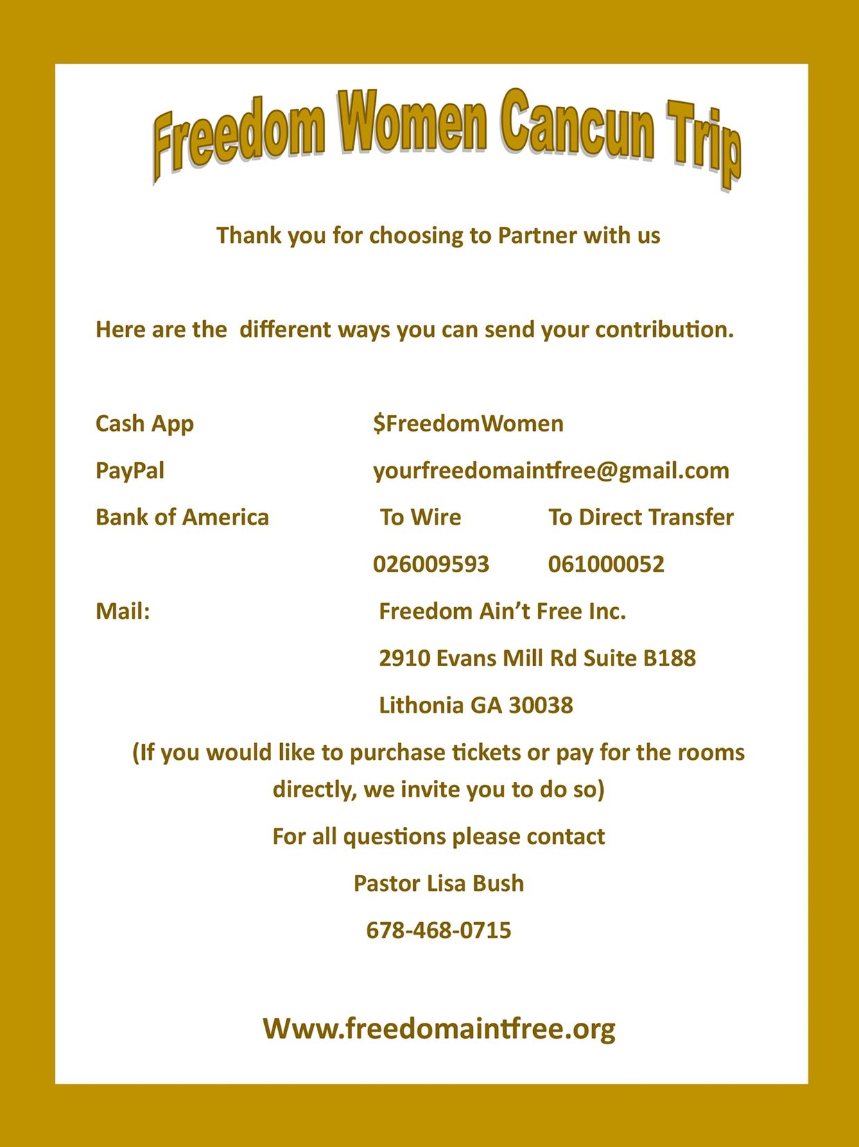 Flyer for Freedom Women Cancun Trip with contribution details and contact info.