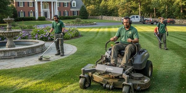Three landscapers maintaining a large, manicured lawn in front of a stately home.