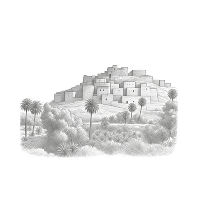 Black and white sketch of a hillside village in Saudi Arabia