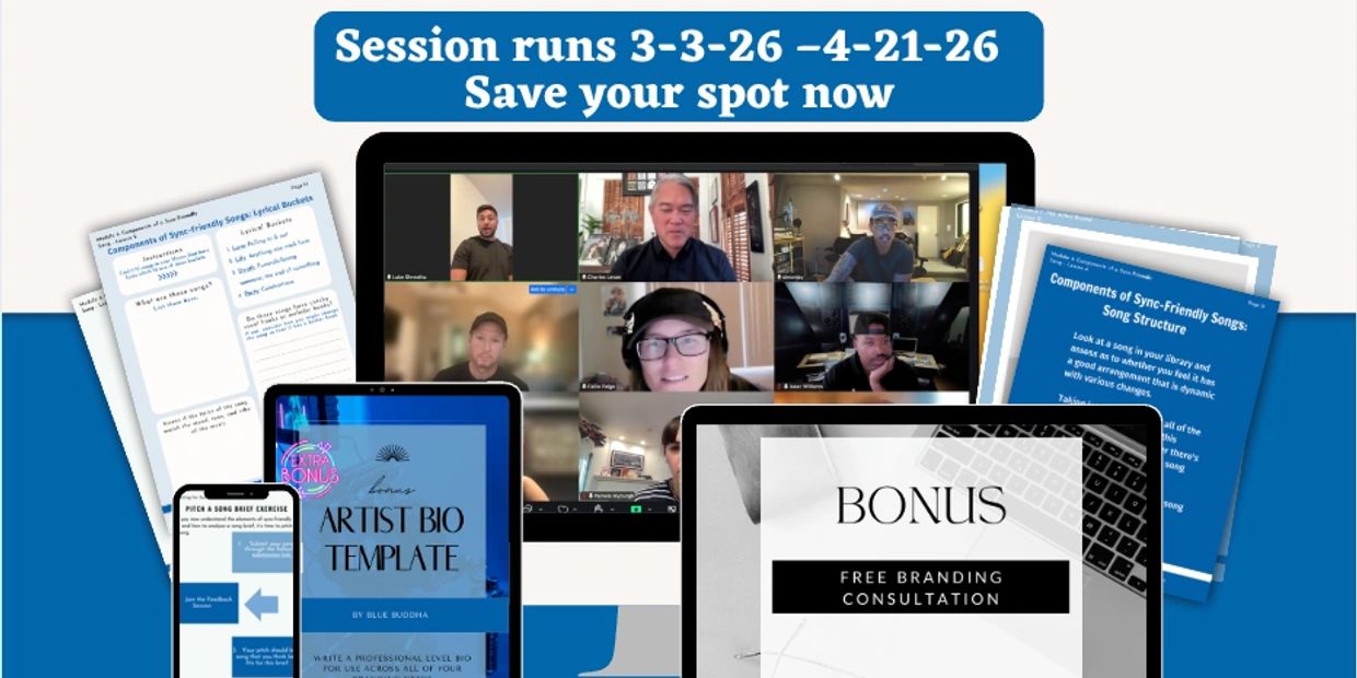 Online session with bonuses to improve songwriting and branding.