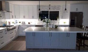 Modern kitchen with white cabinets and a central island.
