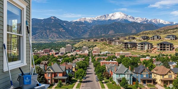 Suburban neighborhood with mountain backdrop under clear blue sky.