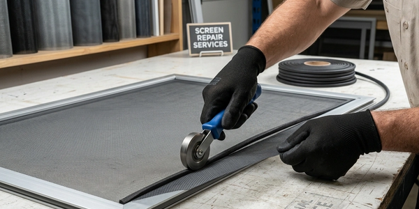 Technician repairing a window screen with a roller tool.