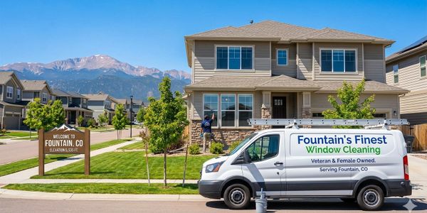 Window cleaning van parked in front of a suburban house with mountain backdrop.